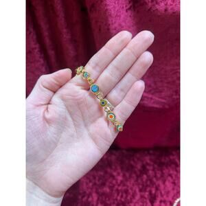 Vintage Jewelry - Chain Bracelet - Gold Tone Metal - Round Glass Tiles - 6.75"